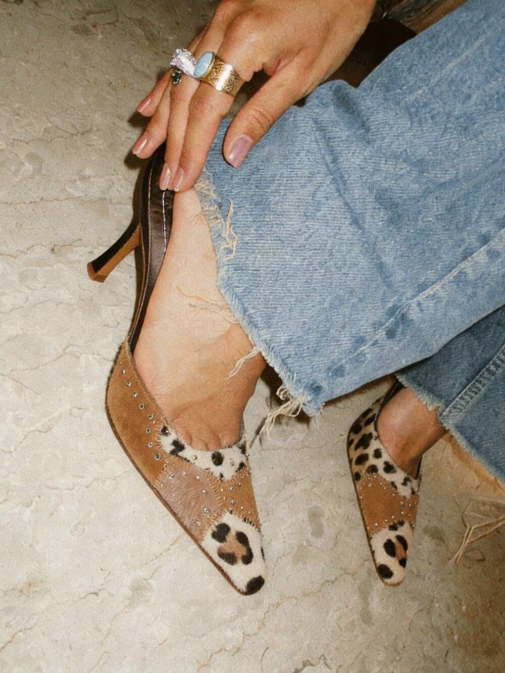 Tan Sexy Women's Animal Print Studded Pointed Toe Mule